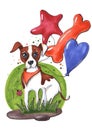Cartoon children`s style sketch with a funny dog Ã¢â¬â¹Ã¢â¬â¹breed jack russell terrier sitting holding balloons multicolored heart bon